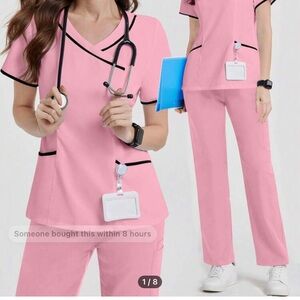 Pink Scrub top with Black Trim